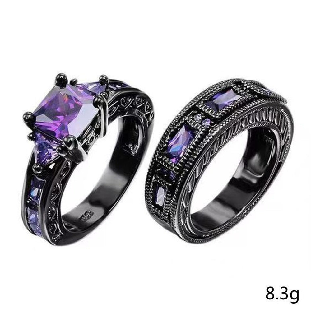 Womens Heart Shaped Alloy Ring Set Electroplated Black Gold Finish With Purple Zircon Stone Fashion Jewelry