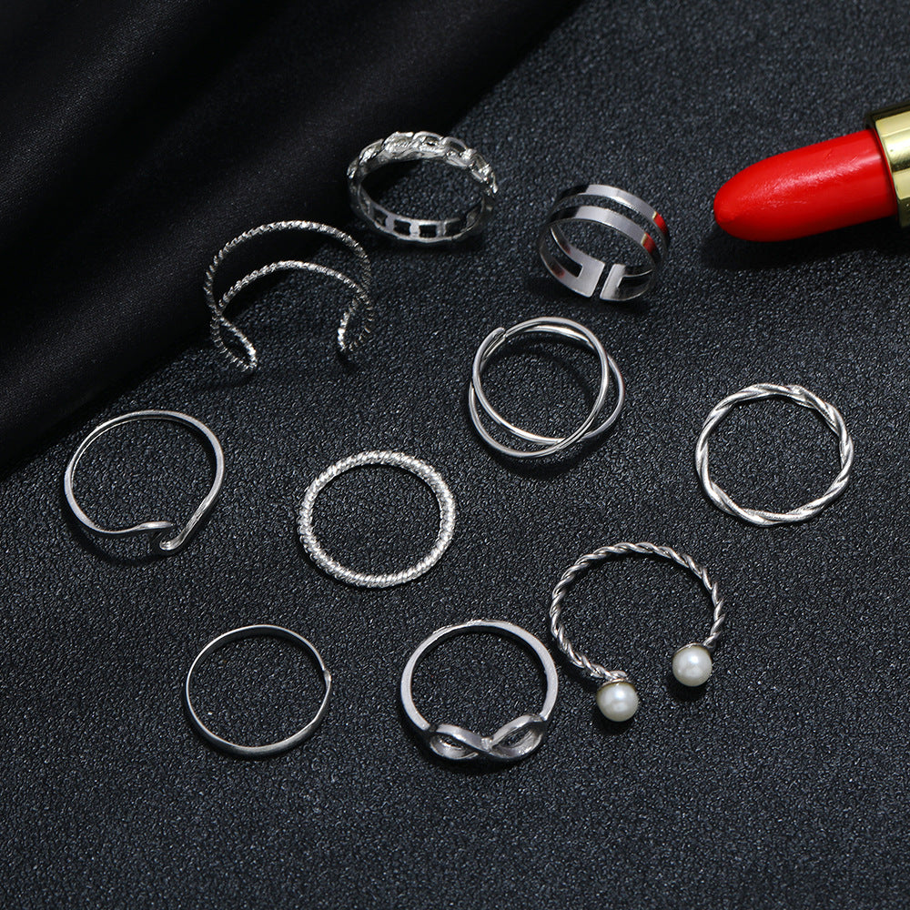 Womens Alloy Ring Set Pearl Retro Rings Fashion Jewelry Accessories Everyday Wearable Special Occasions Silver