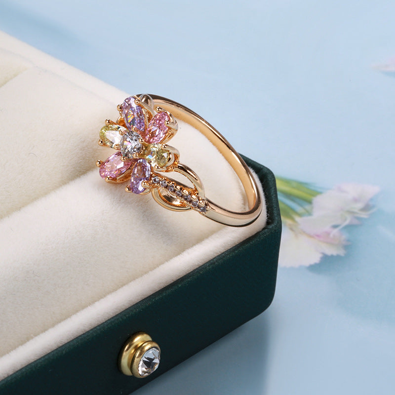 Simple Colorful Zircon 585 Rose Gold Flower Ring