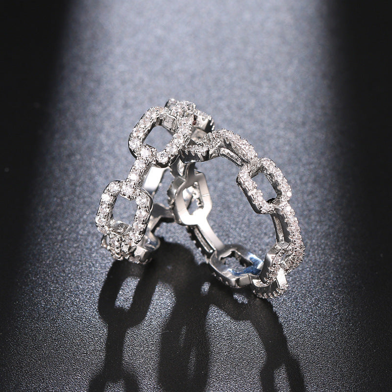 Zircon Chain Ring Women Men Floral Inlay Gold Plated Copper Jewelry Fashion Accessory Size 6 7 8 9 Unisex Style