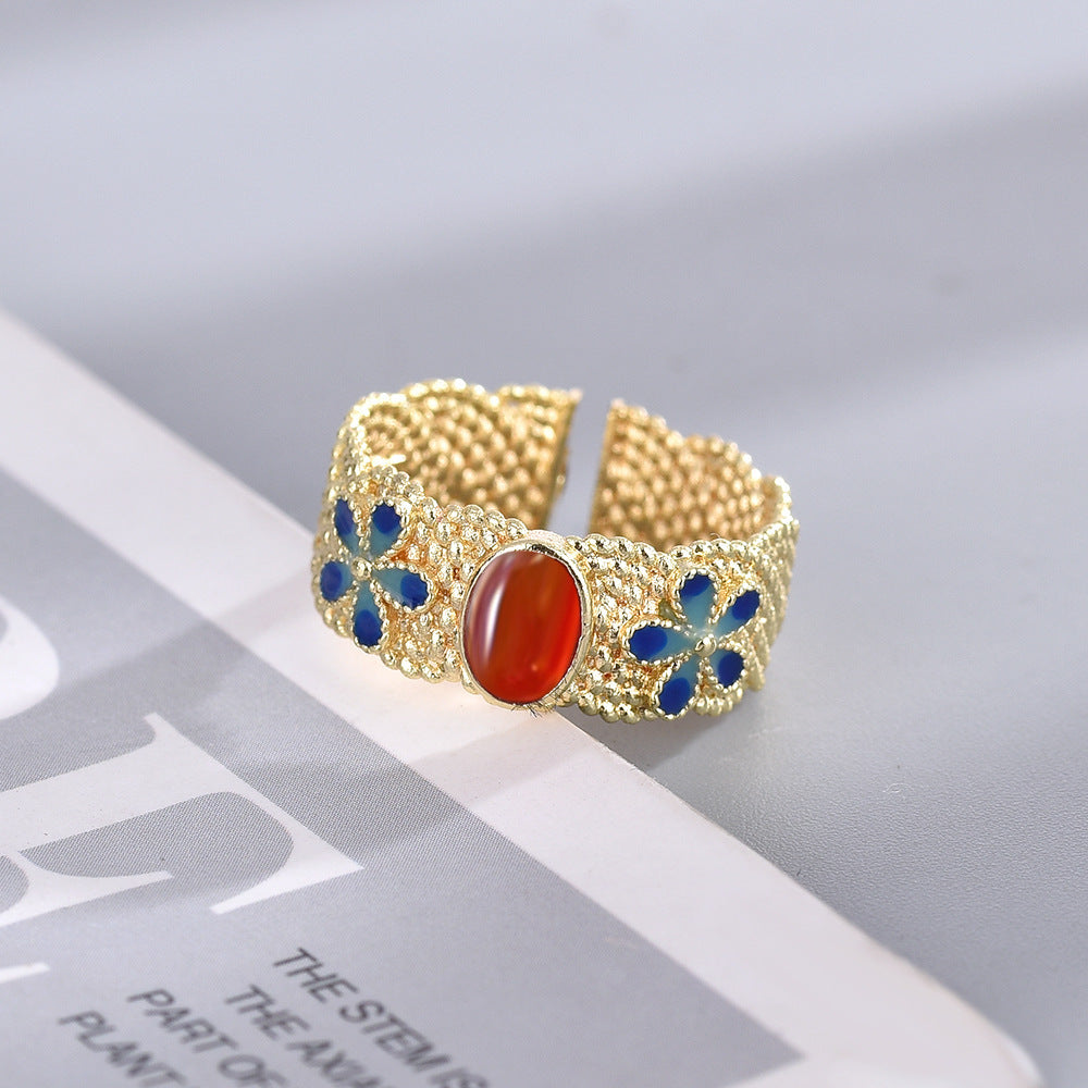 Adjustable Gold Plated Copper Ring With Silk Inlay In Burnt Blue Retro Lotus Orchid Design Open Ring For Women