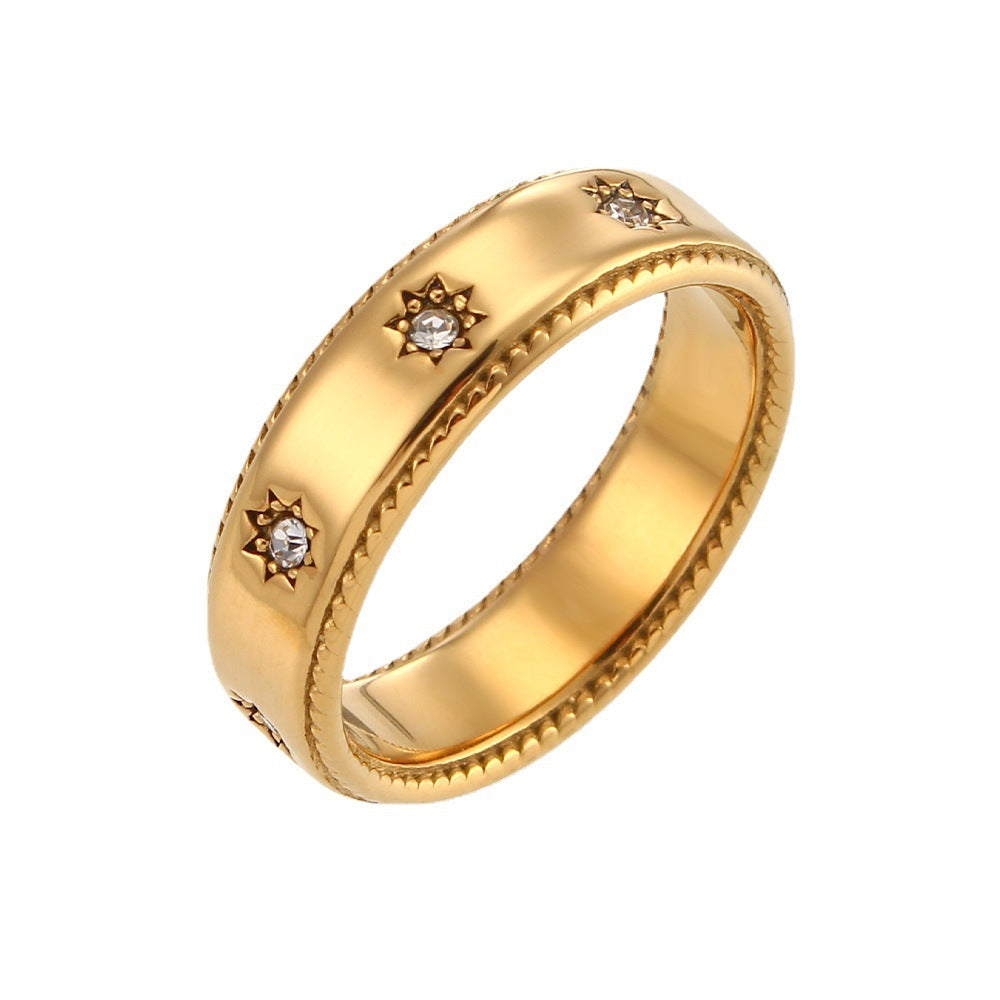 Women Stainless Steel Ring With Zircon Star Simple Fashion Plated 18K Gold European And American Shine Finish
