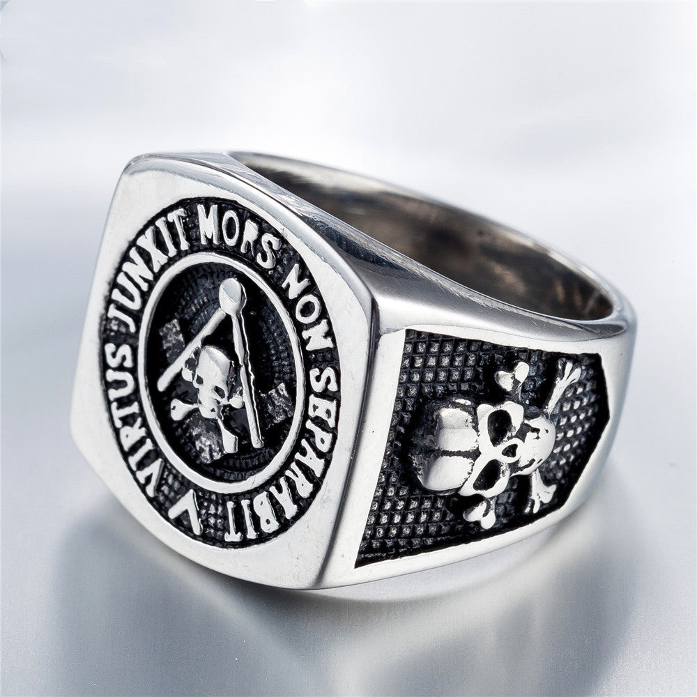 Men's Masonic Ring with Ghost Head Titanium Steel Band European American Retro Ring Stainless Steel Statement Ring for Man Fashion Jewelry Biker Ring