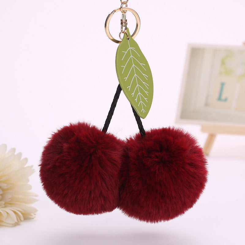 Womens Plush Cherry Keychain Cute Fruit Hair Ball Pendant Fluffy Pom Pom Handbag Charm Fashion Accessory Girls