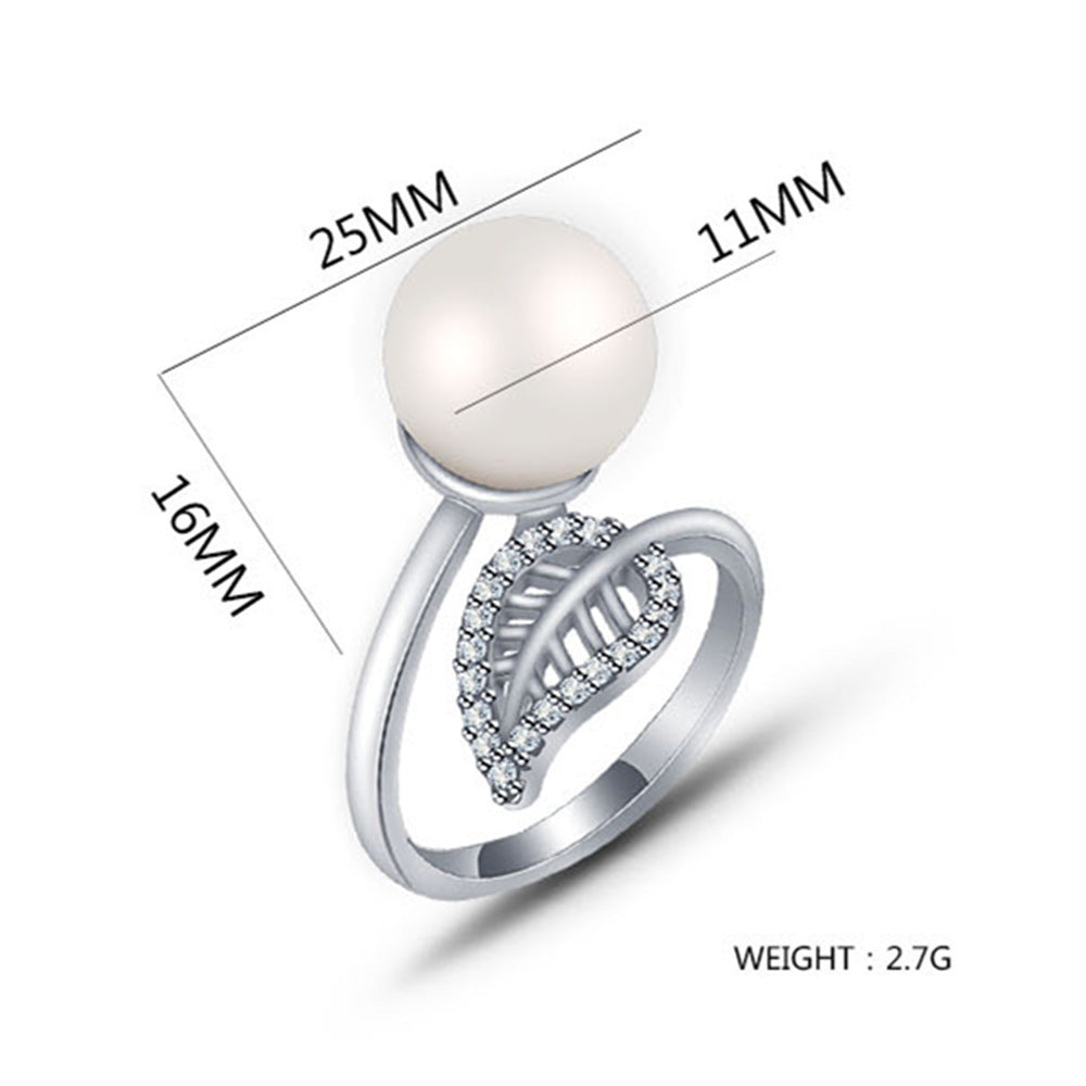 Pearl Ring Leaf Design Gold Plated Fashion Jewelry Korean Style Dainty Inlaid Gemstone Gleam For Everyday Wear