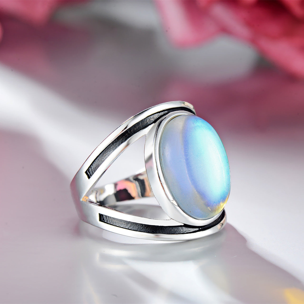 Colorful Moonstone Inlaid Ring For Women Brass Alloy Band With Semi Precious Stone Jewelry Gift Ready For Gifting