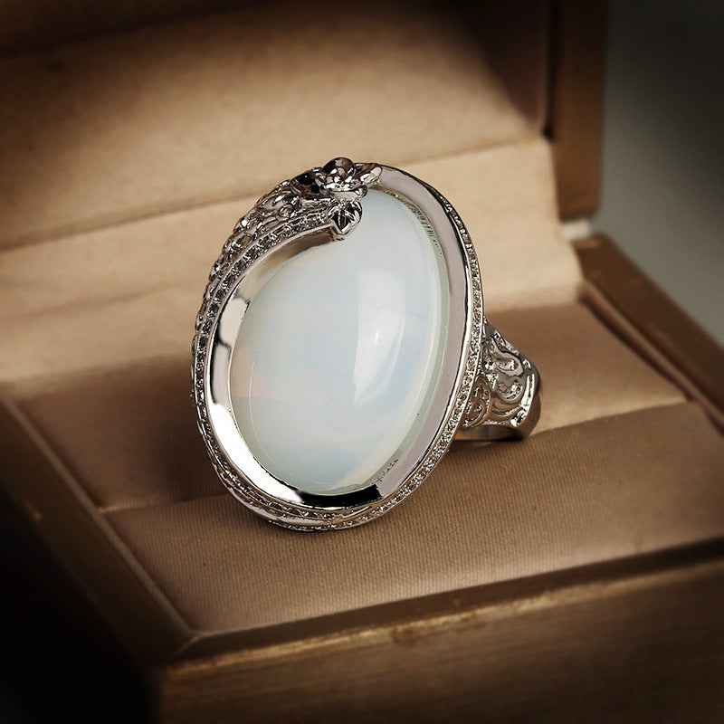 Women's Retro Ring Exaggerated Egg Surface Carving Ring Female Brass Ring with Artificial Gemstone Semi-Precious Stone Inlay Geometric Ring