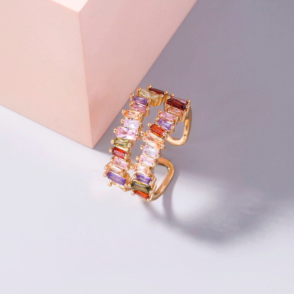 Womens Irregular Square Zircon Ring Double Row Copper Electroplated Adjustable Rainbow Gem Jewelry For Daily Wear Gift