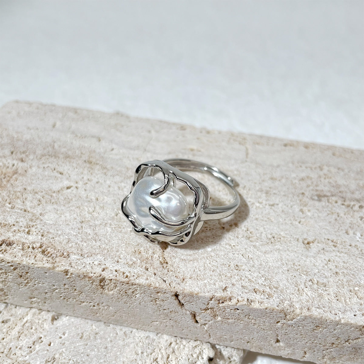 Womens Adjustable Faux Baroque Pearl Ring Silver Electroplated Copper Jewelry Elegant Fashion Accessory For Women