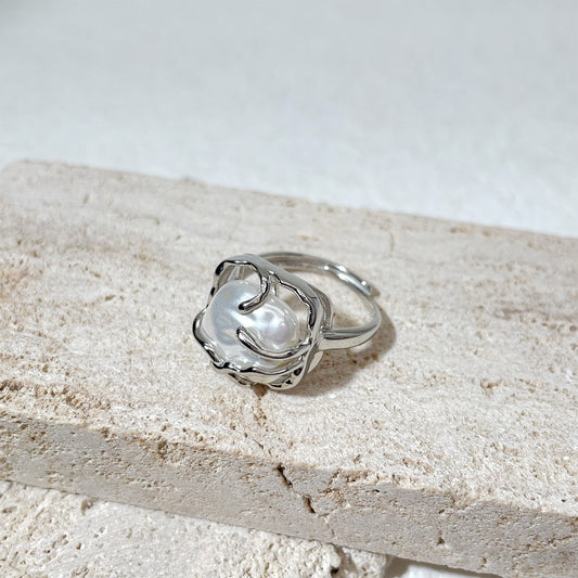 Womens Adjustable Faux Baroque Pearl Ring Silver Electroplated Copper Jewelry Elegant Fashion Accessory For Women
