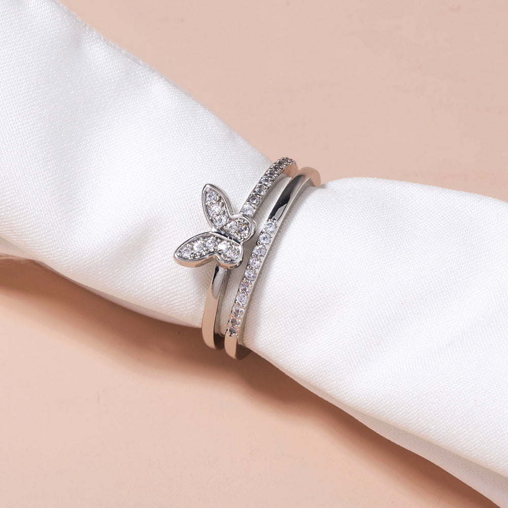 Copper Zircon Butterfly Ring Adjustable Geometric Design