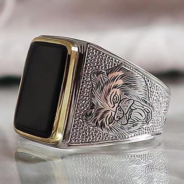 Mens Square Ring Geometric Alloy Two Tone Black Gemstone Inlaid Ring European American Birthday Gift Pack Ring