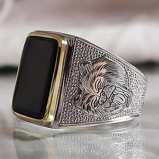 Mens Square Ring Geometric Alloy Two Tone Black Gemstone Inlaid Ring European American Birthday Gift Pack Ring