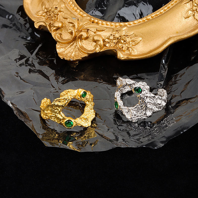 Womens Adjustable Fashion Ring Irregular Texture Copper Band With Zircon Inlay Geometric Hollow Design Electroplated