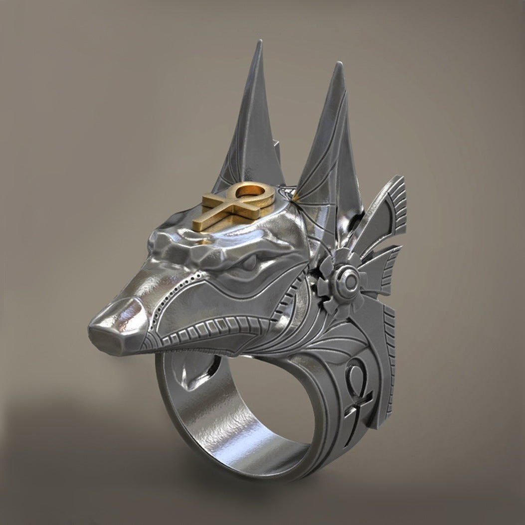 Mens Ring Retro Anubis Wolf Head Ring Electroplated Alloy Fashion Ring Unique Design Stylish Gift Silver Size7