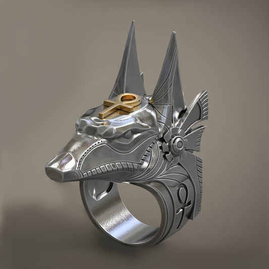 Mens Ring Retro Anubis Wolf Head Ring Electroplated Alloy Fashion Ring Unique Design Stylish Gift Silver Size7
