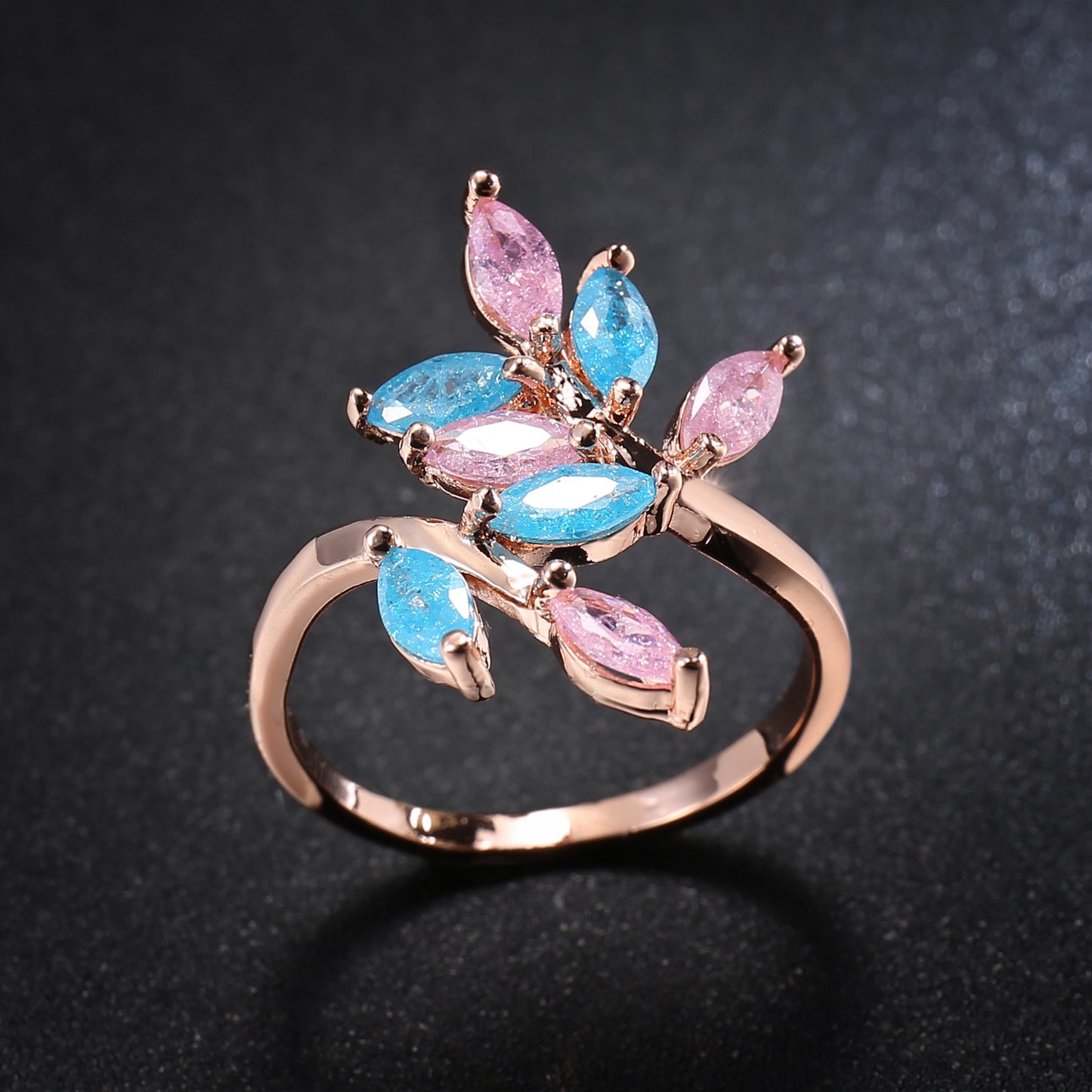 Women Rose Gold Plated Zircon Ring Adjustable Ice Flower Design Pink Blue Gemstone Jewelry Gift An Elegant Gift Idea