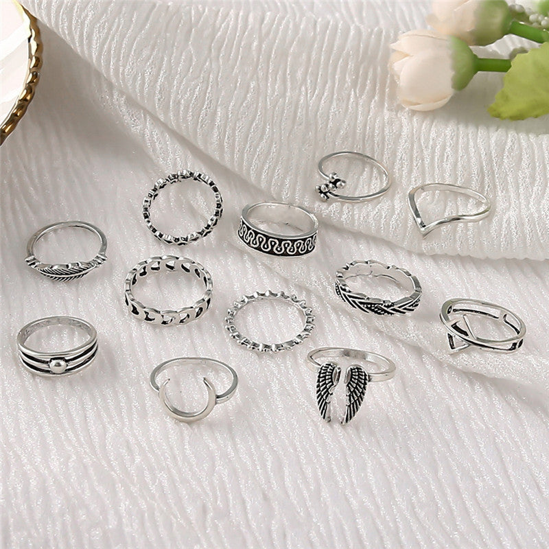 Womens Ring Set 12 Pcs European American Alloy Electroplated Rings Triangle Leaf Joint Designs Fashion Jewelry