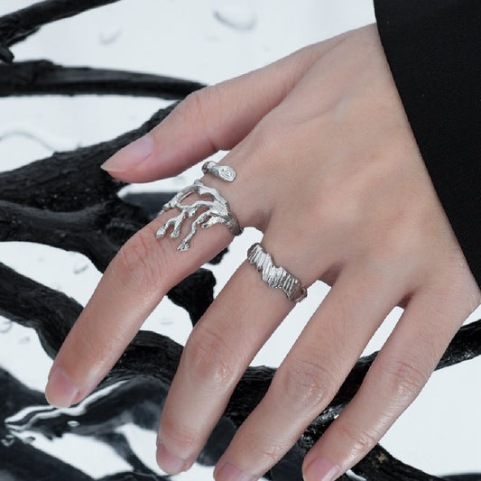 Womens Ring Adjustable Copper Band Geometric Lava Texture Branch Design Electroplated Silver Finish Wide Bands