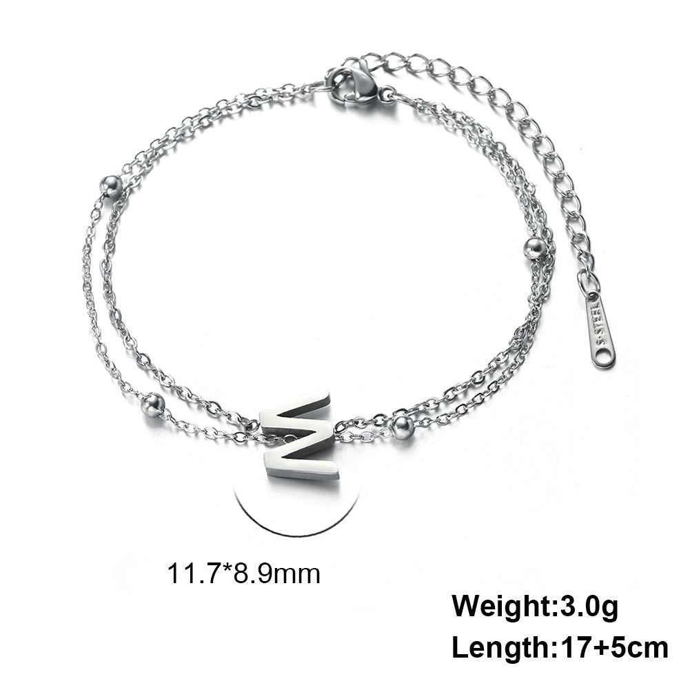 Womens Stainless Steel Double Layer Chain Bracelet With Initial Pendant Electroplated Finish Jewelry Gift Gold