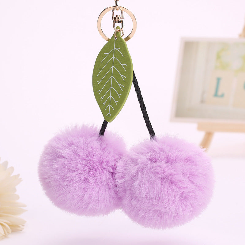 Womens Plush Cherry Keychain Cute Fruit Hair Ball Pendant Fluffy Pom Pom Handbag Charm Fashion Accessory Girls
