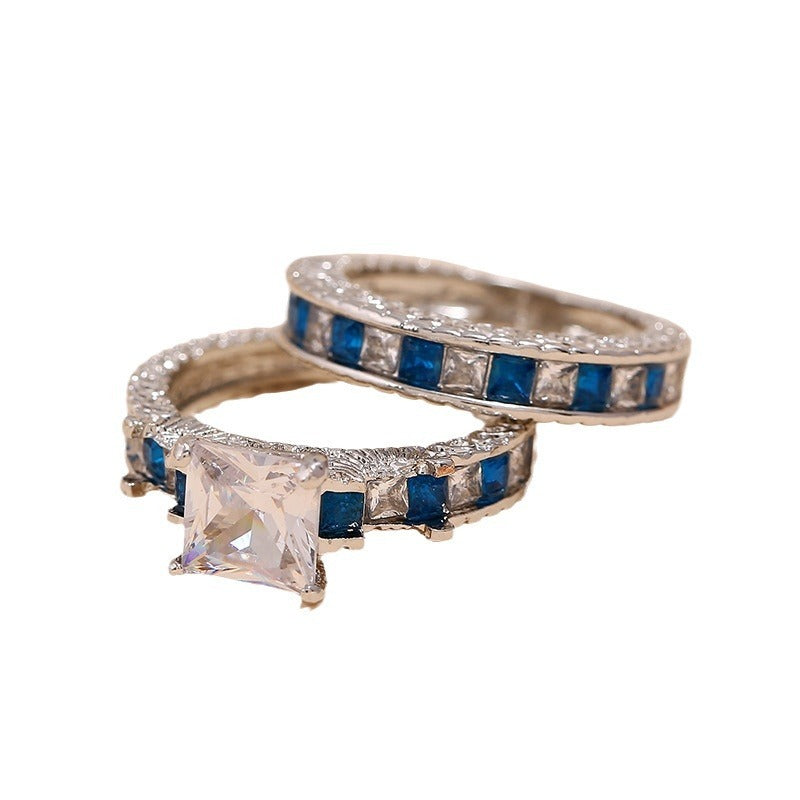 New Simple Retro Two Piece Set Diamond Love Heart Shape Ring For Unisex KC Gold Sapphire Blue Alloy Ring X2pcs