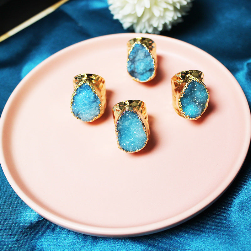 Oval Crystal Cluster Wrap Ring Color Plated Inlay Style For Women Lake Blue Treasure Blue Rose Red Original Color