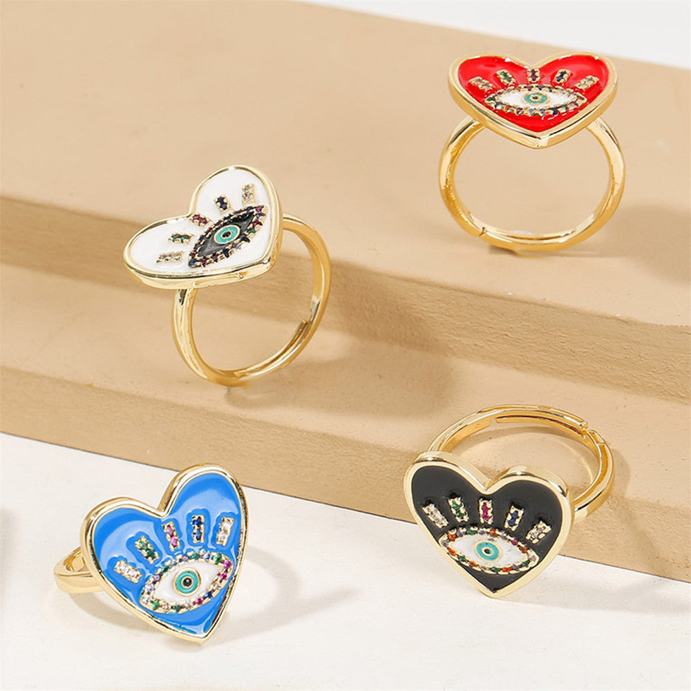 Adjustable Copper Zircon Heart Bow Ring For Women Open Size In White Red Blue Black Design Bright Polish Shine