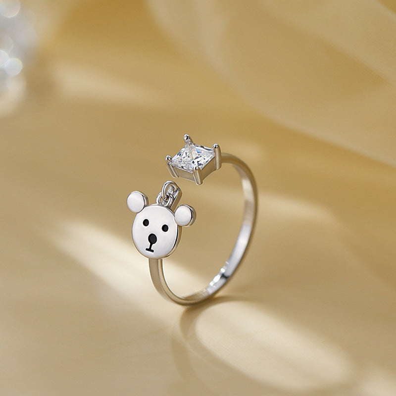 Vintage Bear Ring Adjustable Copper Band With Zircon Inlay Cute Animal Fashion Jewelry Gift For Women Era Cute