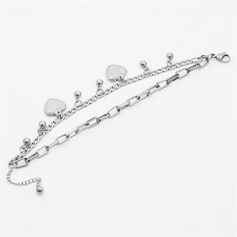 Womens Gold Plated Double Heart Pendant Bracelet Geometric Design Metal Alloy Jewelry Silver Electroplating Gem