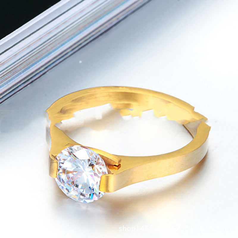 Womens Stainless Steel Geometric Ring Large Round Diamond Fashion Jewelry Gift Steel Color Gold Or Rose Gold For Women