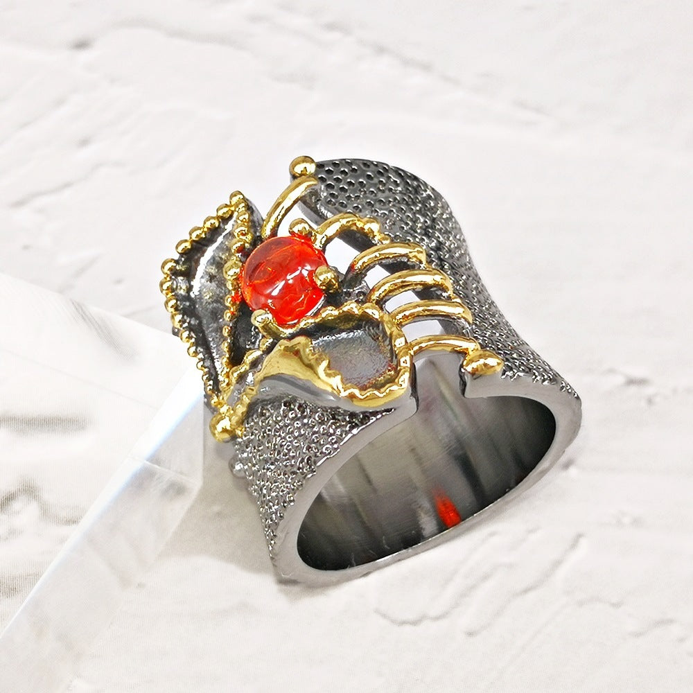 Copper Ring Gold Plated Orange Gem Inlaid Geometric Design