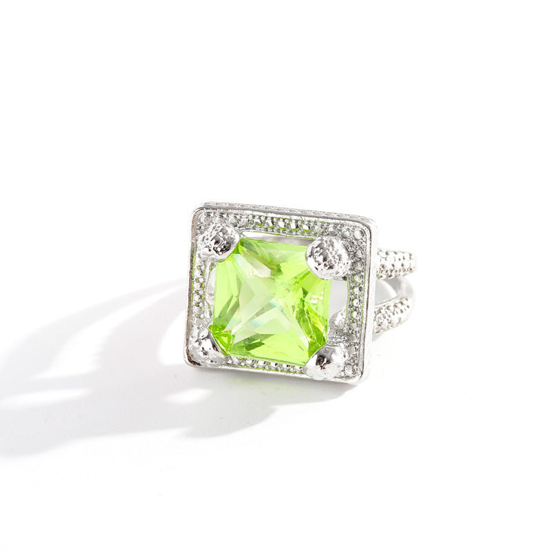 Womens Geometric Ring With Green Crystal Inlay And White Diamond Gold Plated Alloy Fashion Jewelry Rectangular