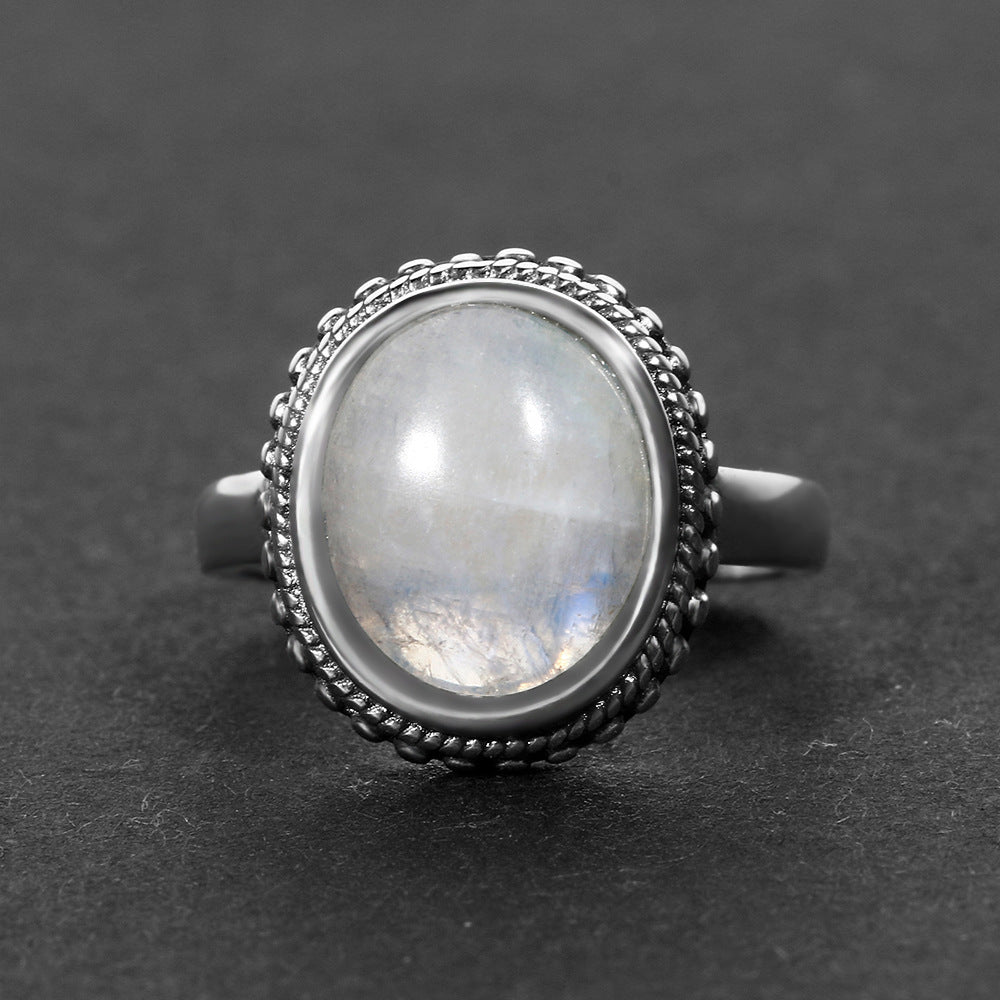 Moonstone Ring Vintage Wide Face Court Style Patterned Copper Electroplated Elegant Statement Jewelry Pure Glow