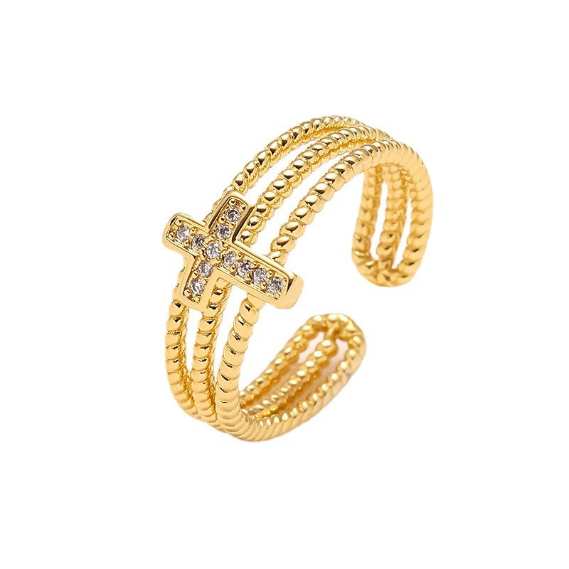 Open Adjustable Copper Ring With 18K Gold Plating Three Layer Hollow Zircon Cross Geometric Design Jewelry For Women