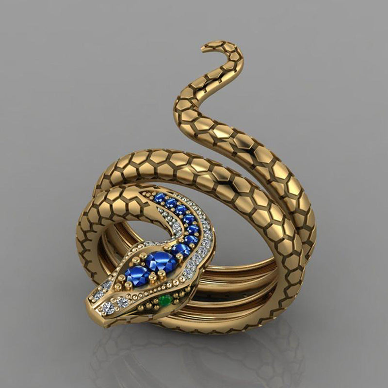 Unisex Snake Ring Inlaid Royal Blue Zircon Gold Plated Copper Animal Fashion Jewelry Durable Statement For Women Men