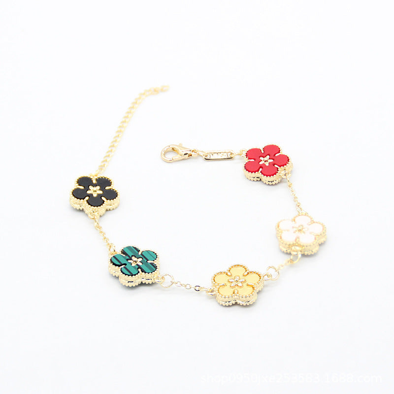 Womens Floral Double Sided Plum Blossom Alloy Bracelet Electroplated Flower With Extender Chain Crystal Detail