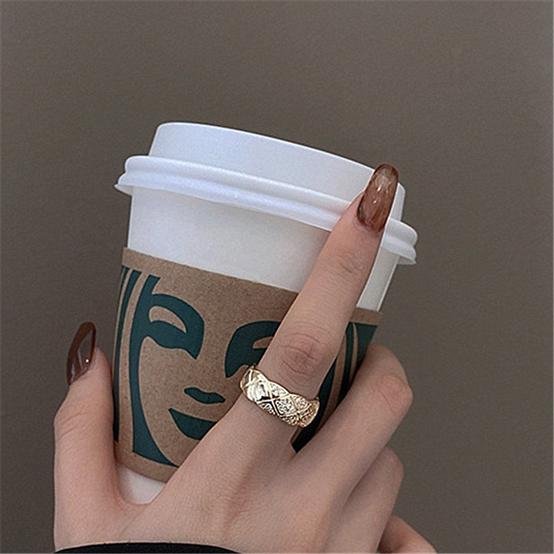 Copper Ring Exquisite Wide Version Korean Style Gold Plated Inlaid Zircon Adjustable Ring For Women Elegant Accessory