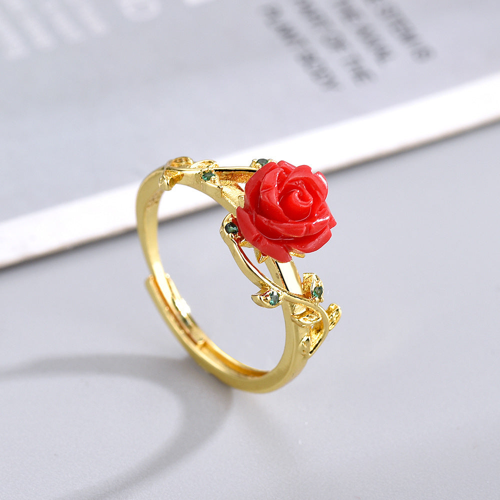 Womens Rose Flower Ring Adjustable Open Copper Ring ElegantRetro Ethnic InspiredRing Electroplated Temperament