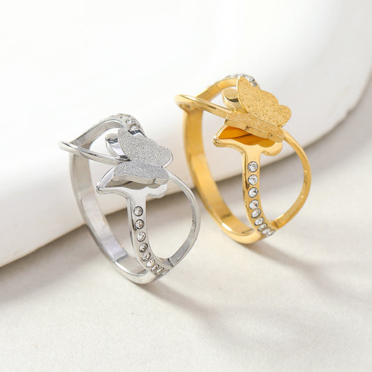 Womens Stainless Steel Double Layer Frosted Cross Ring Diamond Butterfly Geometric Design for Everyday Wear US