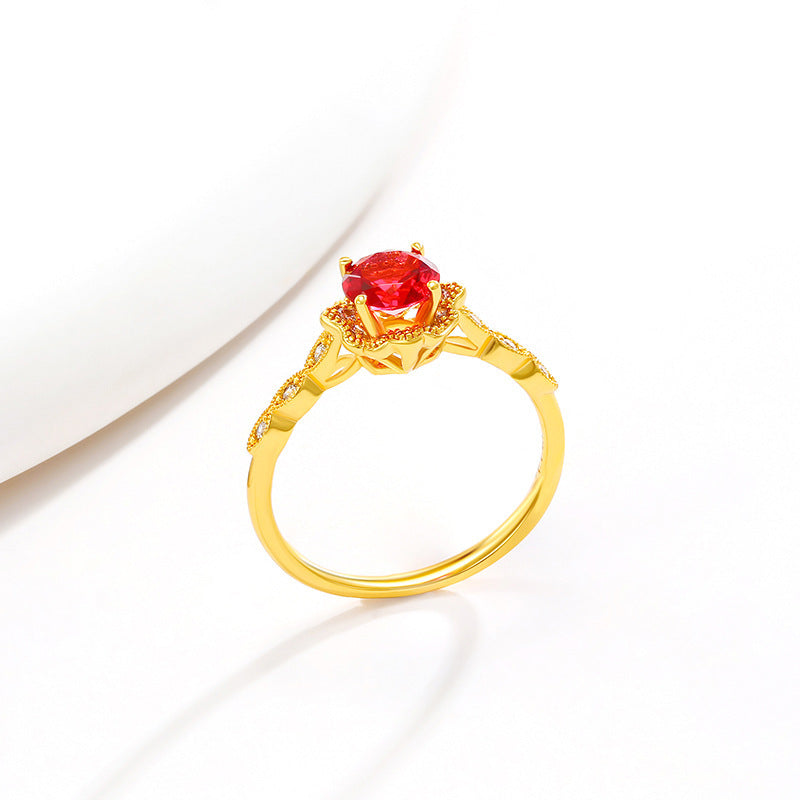 Womens Retro Pomegranate Ruby Artificial Gemstone Ring Four Claws Copper Alloy Elegant Durable Jewelry For Her