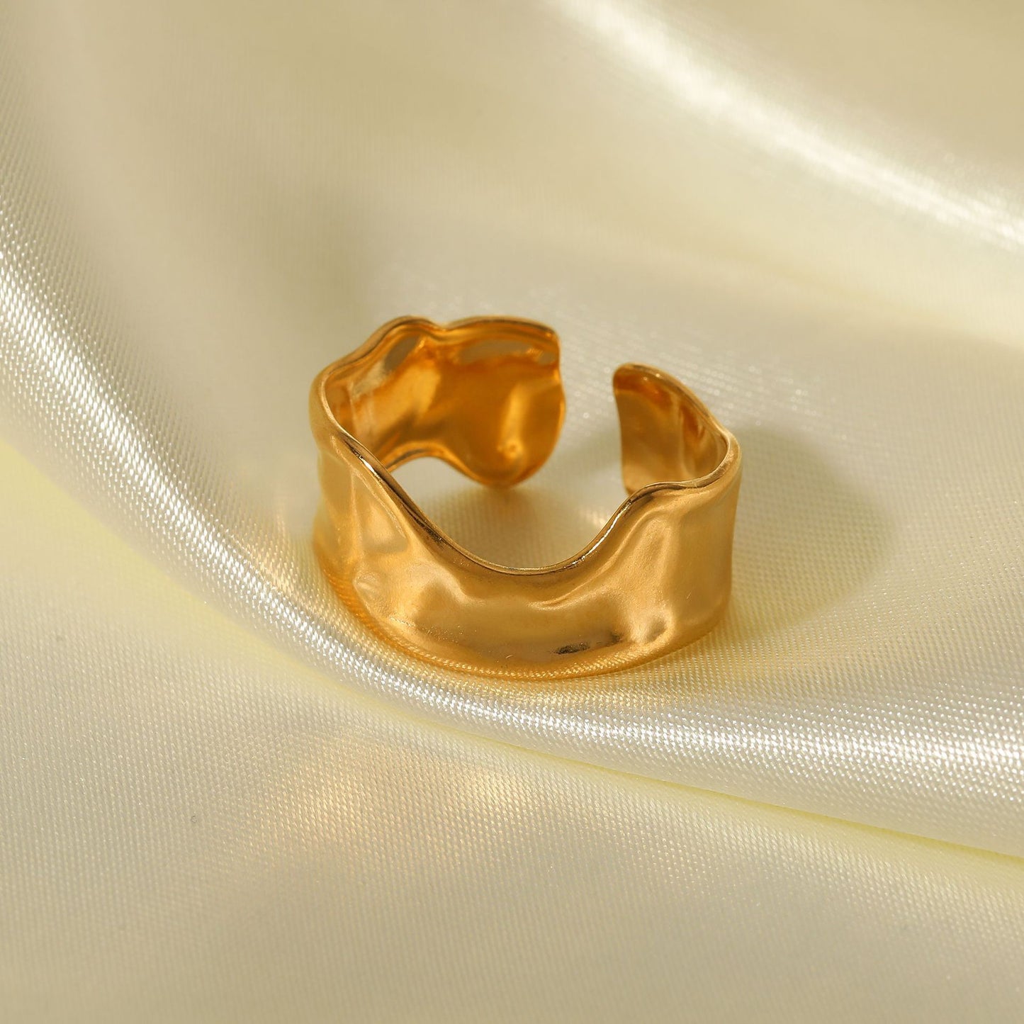 Unisex Stainless Steel Ring Irregular Tin Foil Textured Adjustable Index Finger Gold Tone Electroplated Jewelry