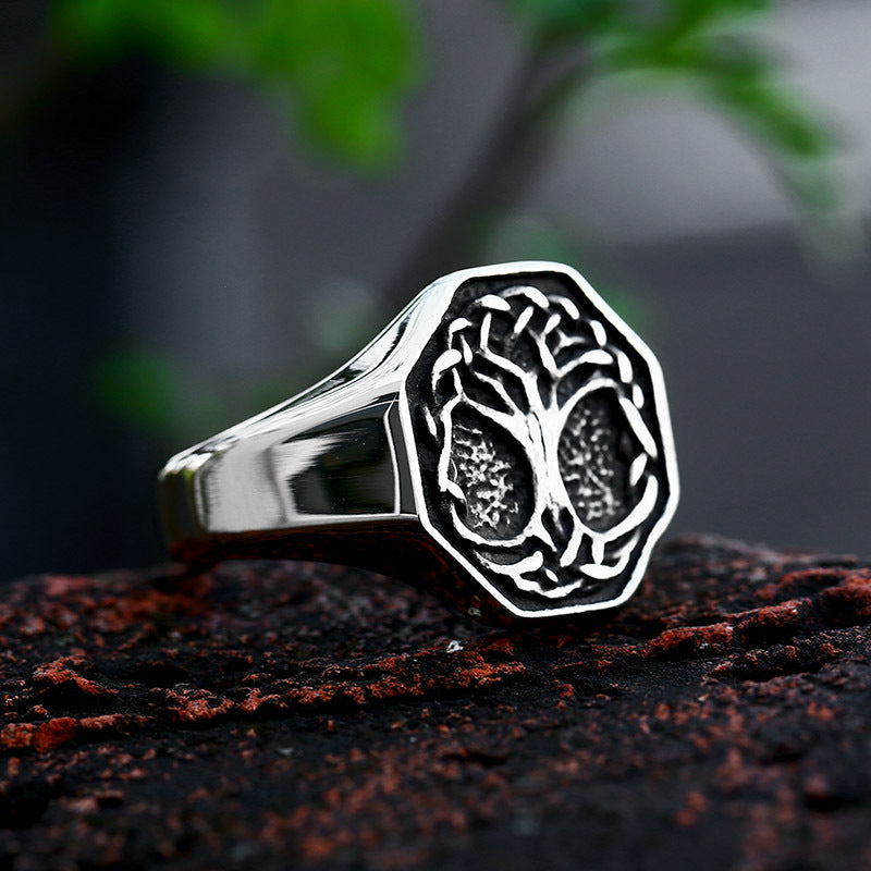 Vintage Stainless Steel Viking Lucky Tree Ring For Men Polished Finish US Sizes 7 8 9 10 11 12 13 Gift Box Set