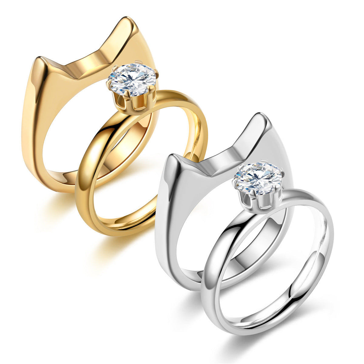 Cat Ear Rings Stainless Steel Polished Cartoon Couple Jewelry Gift For Animal Lovers Golden Zircon Accents Lux