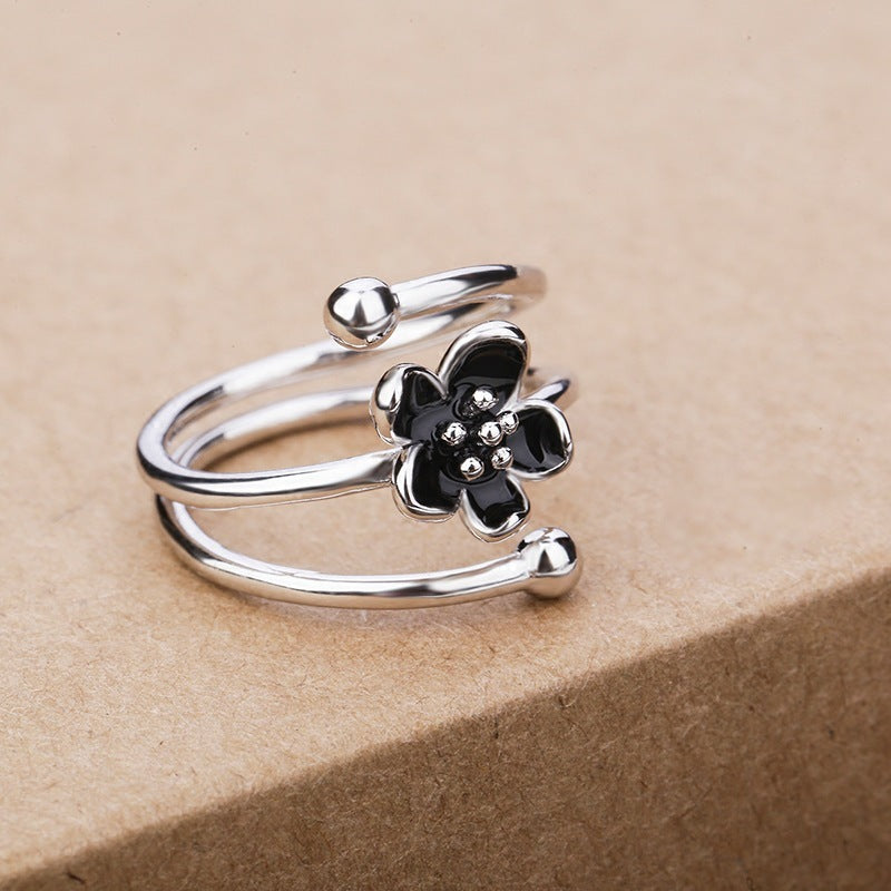 Womens Black Flower Ring Elegant Alloy Electroplated Jewelry Accessory Gift Simple Flower For Everyday Wear Now