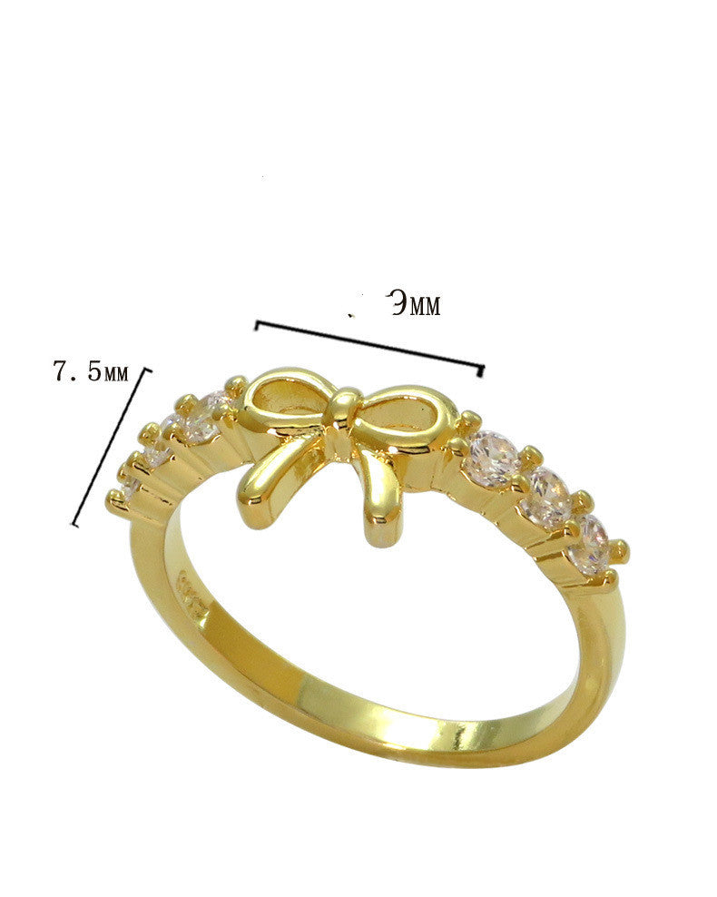 Womens Bowknot Ring With Zircon Inlay Yellow Gold Plated Copper Ring Fashion Jewelry Gem Semi Precious For Her