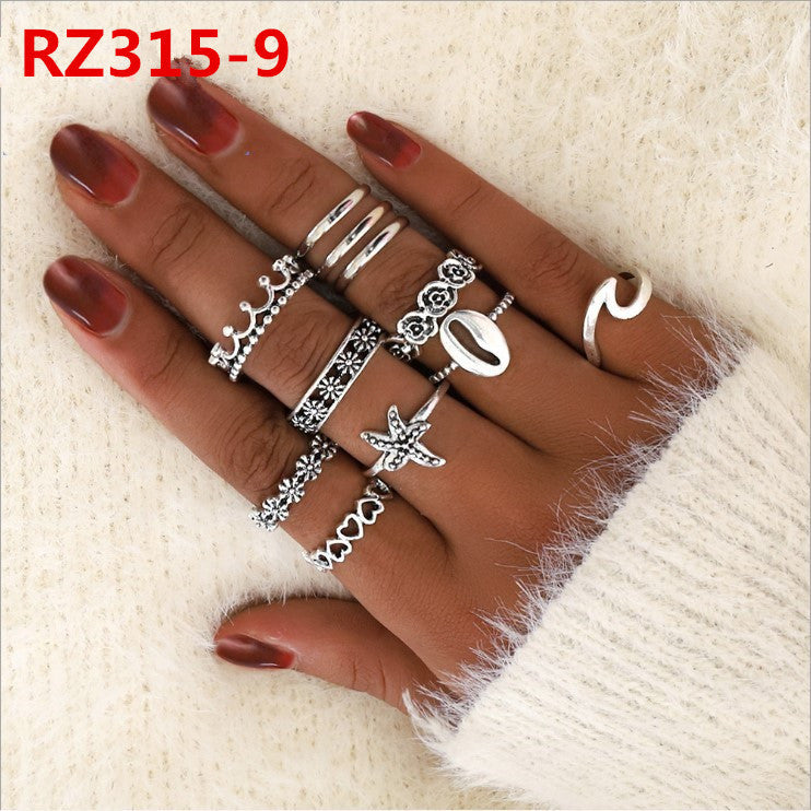 Womens Bohemian Ring Set Geometric Inlaid Gemstones Alloy Electroplated European Style Rings Jewelry Set Gifts
