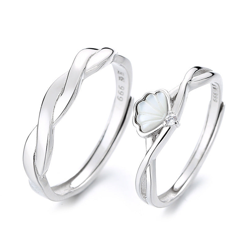 Silver Korean Geometric Couple Rings With Shellfish Design Electroplated Finish Fashion Jewelry For Trendy Jewelry Fans