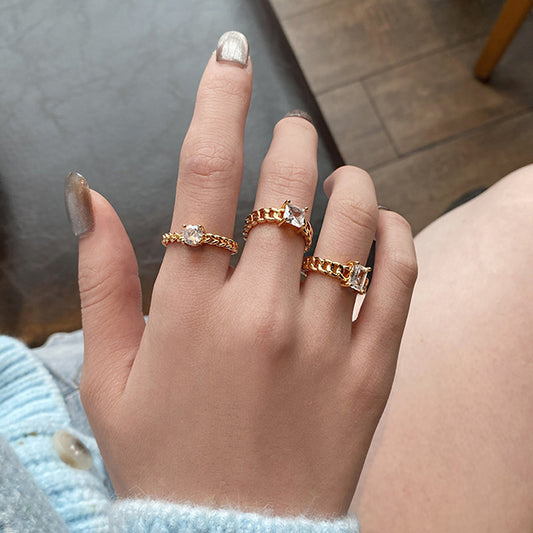 Womens Adjustable Copper Ring With European Gold Chain Baguette Design Braided Round Stone Square Gem Ring Set