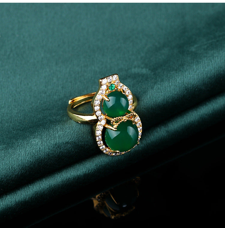 Women's National Fashion Ancient Costume Cheongsam Retro Natural Chalcedony Agate Gourd Ring